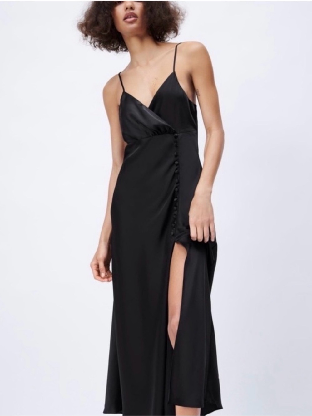 Zara Black Satin Side Slit Maxi Slip Dress